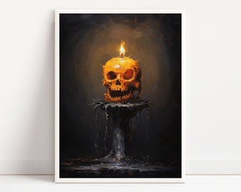Halloween Art Print, Skull Candle Art, Halloween Decor, Goth Decor, Glowing Candle, Spooky Halloween Printable Wall Art, Digital Download