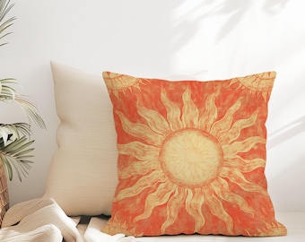 Rustic Boho Sun Throw Pillow - Vintage-Inspired Sunburst Cushion for Modern and Bohemian Decor, Orange Throw Pillow Spiritual Home Decor