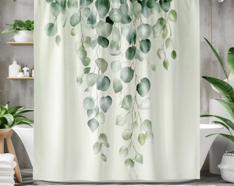 Green Shower Curtain - Boho Shower Curtain, Eucalpytus Plant Leaves Botanical Minimalist Decorative Curtain Designer Bathroom Decor