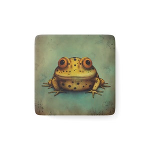 Frog Magnet, Square Porcelain Magnet, Whimsical Green Frog Decor, Fridge Art, Vintage Style Art Home Decor, Charming Frog Lover Office Gift