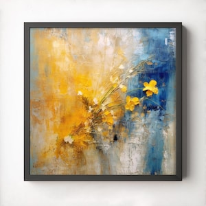 Abstract Flowers Printable Wall Art, Digital Download, Abstract Art, Botanical Art Print, Blue Wall Art, yellow flower painting, Modern Art