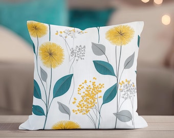 Dandelions Throw Pillow Cover - Spring Floral Decorative Cushion Accent Teal and Yellow Modern Contemporary Home Decor
