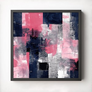 Abstract Wall Art, Digital Download, Pink and Navy Blue Wall Decor, Weathered Distressed Patchwork Modern Art, Contemporary, Home Decor