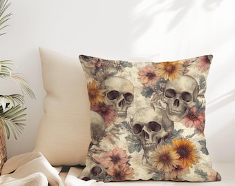 Gothic Throw Pillow, Skull Pillow Covers, Gothic Halloween Decor, Gothic Floral Pillow, Decorative Accent, Whimsigoth Spooky Home Decor