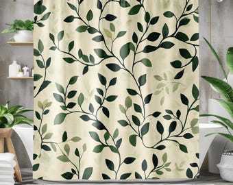 Green Shower Curtain - Boho Shower Curtain, Plant Leaves Botanical Minimalist Decorative Curtain Designer Bathroom Decor