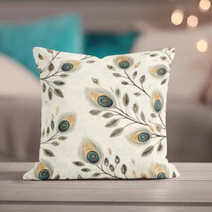 Peacock Throw Pillow Cover - Abstract Decorative Pillow Unique Spiritual Peacock Feather Teal Yellow Pillow Home Decor