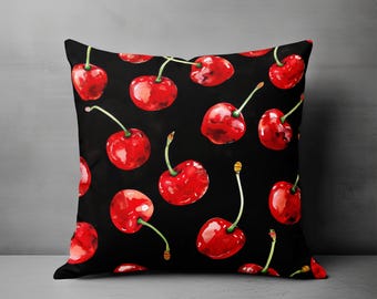 Cherry Pillow, Cherries Throw Pillow, Cherry Pillow Case, Cherry Pillow covers, Cherry Couch Pillow, Accent Pillow, Black and Red Home Decor