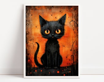 Black Cat Art Print, Halloween Art Print, Gothic Art Print, Spooky Cat Art, Cute Halloween Art, Halloween Printable Art, Digital Download