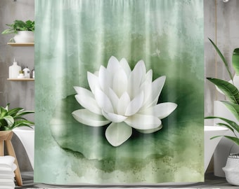 Green Shower Curtain - White Lotus Shower Curtain, Botanical Relaxation, Floral Yoga Meditation Designer Bathroom Decor