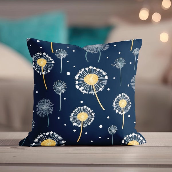 Dandelion Pillow - Floral Throw Pillow, Navy Blue Accent Decor, Yellow Dandelions, Indigo Cute Minimalist Modern Decor, Blue Designer Pillow