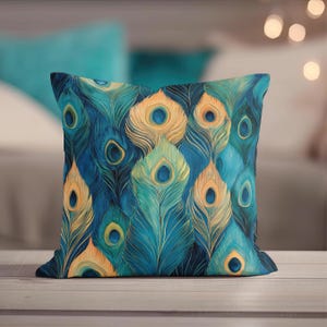 Peacock Throw Pillow Cover - Abstract Turquoise Decorative Pillow Unique Spiritual Peacock Feather Teal Blue Yellow Gold Pillow Home Decor