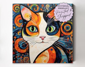 Calico Cat Canvas - PRINTED & SHIPPED - Cute Cat, Colorful Abstract Wall Decor, Bold Blue Whimsical Print, Girls Room Decor, Cat Lover Gift
