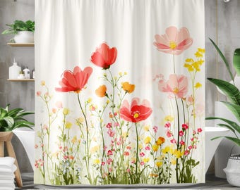 Rideau de douche floral aquarelle, décoration de salle de bain fleurs sauvages rose tendre, rideau botanique minimaliste, salle de bain cottagecore, décoration féminine