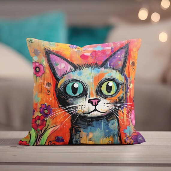 Cat Pillow, Cat Throw Pillow, Cat Art Accent Pillow, Cat Pillowcase, Cute Cat Pillowcover, Whimsical Home Decor, Cat Decor, Cat Lover Gifts