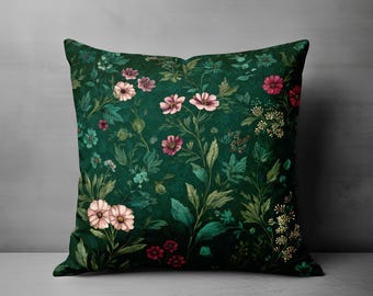 Floral Throw Pillow Cover - Moody Dark Green Cushion with Vintage Style Cottagecore Flowers Nature Inspired Boho Botanical Home Decor