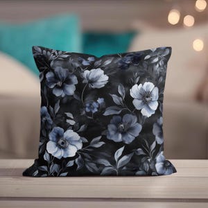 Whimsigoth Throw Pillow, Black Floral Pillow Covers, Gothic Throw Pillow, Moody Gray Decorative Pillow Blue Flower Accent Couch Home Decor image 6