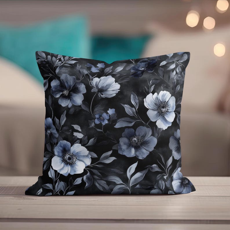 Whimsigoth Throw Pillow, Black Floral Pillow Covers, Gothic Throw Pillow, Moody Gray Decorative Pillow Blue Flower Accent Couch Home Decor image 6