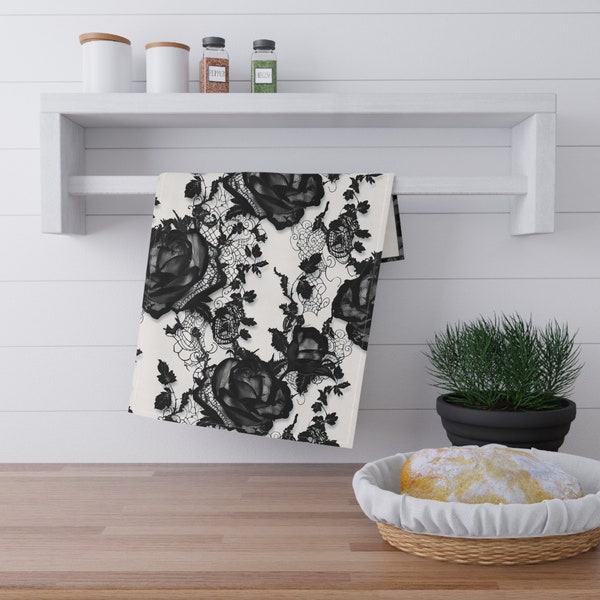 Black Rose Kitchen Towel, Kitchen Tea Towel, Gothic Decor, Floral Tea Towel, Black & White Kitchen Towel, Table Setting, Kitchen Decor