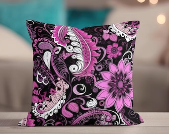 Black & Pink Pillow - Boho Throw Pillow, Cute Pink Paisley Pillow Cover, Magenta Floral Couch Accent Decor, Designer Pillow Home Decor Gift