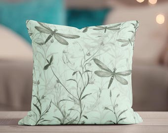 Dragonflies Pillow - Throw Pillow, Mint Colored Accent Pillow, Square Pillow, Cottage Decor, Decorative Pillow, Light Green and Gray Decor
