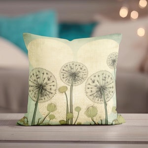 Dandelion Pillow - Floral Throw Pillow, Beige, Sage Accent, Abstract Dandelions in Field, Whimsical Vintage Mid-Century Style Home Decor