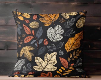 Fall Throw Pillow, Leaves Throw Pillow Covers, Autumn Leaf Decor, Black Neutral Decorative Pillow, Fall Couch Pillow Designer Home Decor