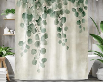 Green Shower Curtain - Boho Shower Curtain, Eucalpytus Plant Leaves Botanical Minimalist Decorative Curtain Designer Bathroom Decor