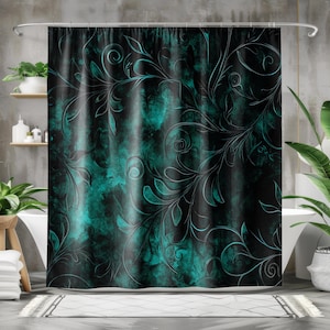 Dark Teal Shower Curtain - Dark Green Floral Shower Curtain, Modern Botanical Boho Swirl, Whimsigoth Gothic Designer Bathroom Decor