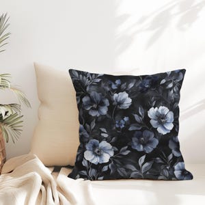 Whimsigoth Throw Pillow, Black Floral Pillow Covers, Gothic Throw Pillow, Moody Gray Decorative Pillow Blue Flower Accent Couch Home Decor image 4