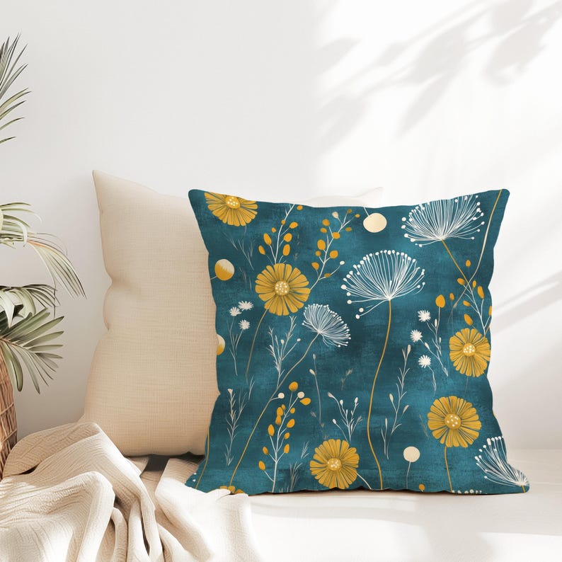 Dark Teal Dandelion Throw Pillow Cover - Floral Decorative Blue Green and Mustard Yellow Blue Green Modern Cushion Spring Home Decor image 4