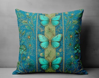 Coussin décoratif papillon bleu sarcelle, housse de coussin floral botanique, coussin décoratif bleu-vert, coussin décoratif papillon style vintage