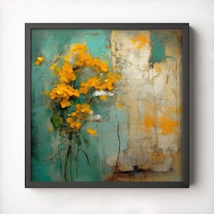 Abstract Flowers Printable Wall Art, Digital Download, Abstract Art, Contemporary, Botanical Art Print, Abstract Print, turquoise, yellow
