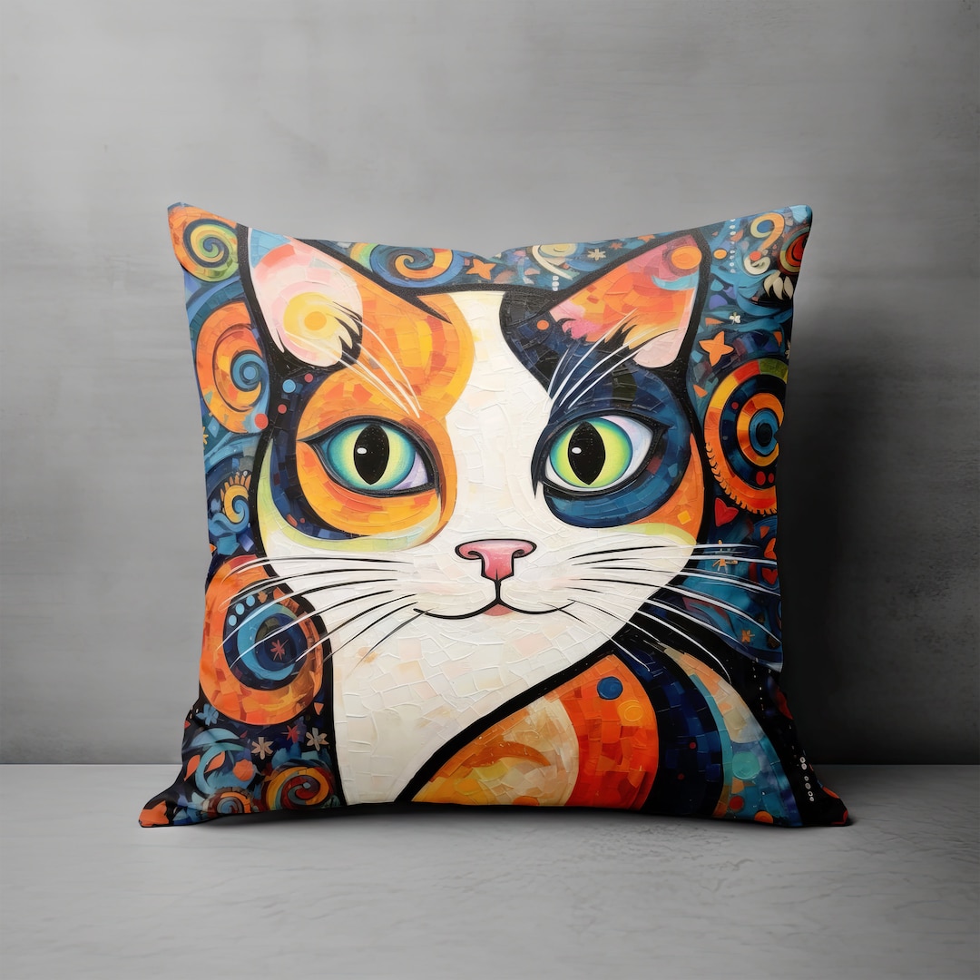 Pretty Calico Cat Pillow, Abstract Cat Art Throw Pillow, Decorative