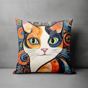 Pretty Calico Cat Pillow, Abstract Cat Art Throw Pillow, Decorative Colorful Accent Pillow, Bold Whimsical Decor, Girls Room Decor, Cat Gift