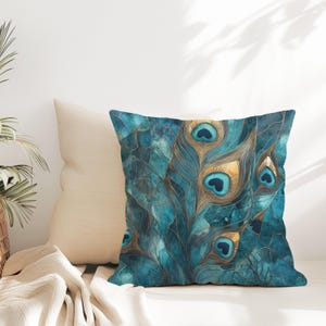 Peacock Throw Pillow Cover - Abstract Turquoise Decorative Pillow Unique Spiritual Peacock Feather Teal Blue Yellow Gold Pillow Home Decor