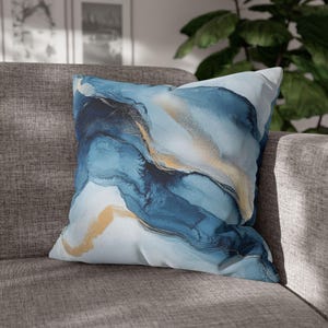 Modern Blue and Gold Abstract Throw Pillow Cover, Elegant Marble Watercolor Decorative Cushion for Sofa or Bed, Minimalist Home Decor