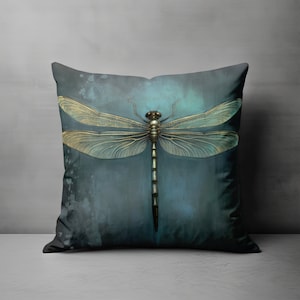 Dragonfly Pillow, Square Art Pillow, Accent Pillow, Throw Pillow, Decorative Pillow, Dragonfly Decor, Teal Pillow, Dark Green Dragonfly