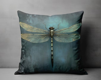 Dragonfly Pillow, Square Art Pillow, Accent Pillow, Throw Pillow, Decorative Pillow, Dragonfly Decor, Teal Pillow, Dark Green Dragonfly