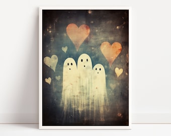 Ghosts Art Print, Halloween Art Print, Halloween Decor, Cute Ghosts Hearts, Spooky Vintage Halloween, Printable Wall Art, Digital Download