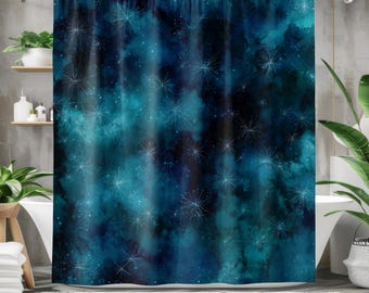 Rideau de douche Whimsigoth, étoiles célestes, étoiles bleu sarcelle foncé, ciel nocturne cosmos, décoration de salle de bain sorcière