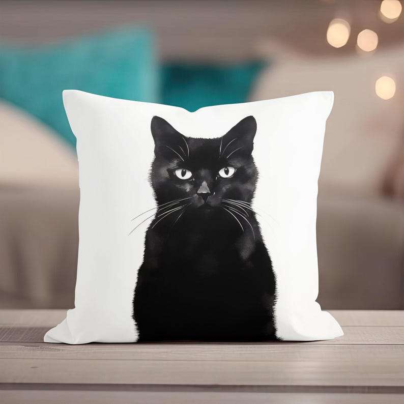 Halloween Pillow, Black Cat Throw Pillow, Pillow Cover, Black Cat Decor, Halloween Decor, Black Cat Accent Pillow, Halloween Pillowcase image 1