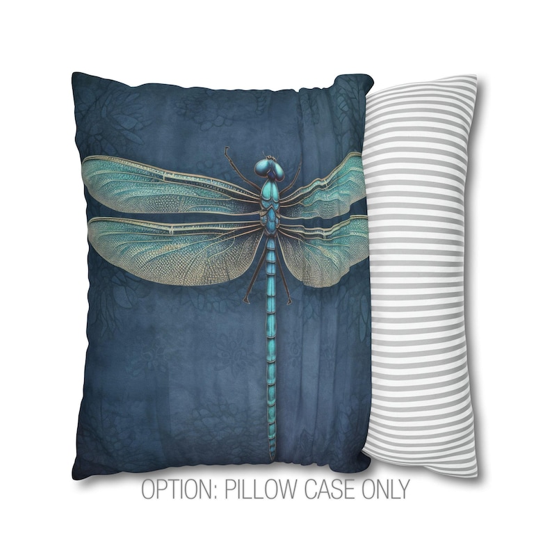 Dragonfly Throw Pillow - Dark Blue Accent Pillow with Turquoise Dragonfly for Couch, Decorative Pillow, Whimsical Cottage Dragonfly Decor PILLOW CASE ONLY