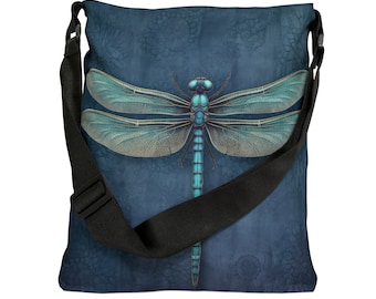 Dragonfly Tote Bag - Adjustable Strap Tote Bag with Zipper and Pockets, Blue and Turuoise Dragonfy Tote Bag, Cute Everyday Shoulder Bag