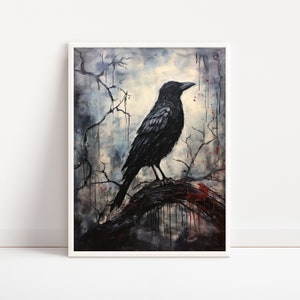 Crow Art Print, Halloween Art Print, Gothic Art Print, Creepy Wall Art, Spooky Halloween Crow, Black Crow Printable Art, Digital Download