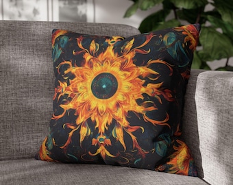 Mandala Throw Pillow - Boho Sunburst Cushion for Modern and Bohemian Decor, Black Teal Orange Sun Throw Pillow Spiritual Meditation Decor