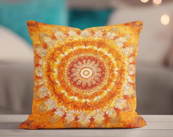 Mandala Throw Pillow - Boho Vintage Inspired Sunburst Decorative Bohemian Yoga Decor, Orange Sun Throw Pillow Spiritual Meditation Decor
