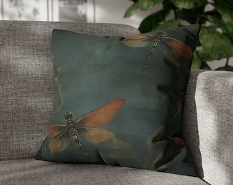 Teal Dragonfly Pillow, Forestcore Pillow, Unique Throw Pillow, Decorative Pillow Decor, Olive Dragonfly Pillow, Dragonfly Home Decor Gift