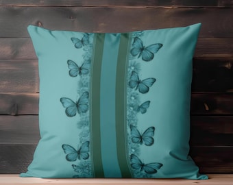 Coussin décoratif papillon bleu sarcelle, housse de coussin floral féminin, élégant coussin bleu-vert, coussin décoratif botanique, décoration d'intérieur romantique