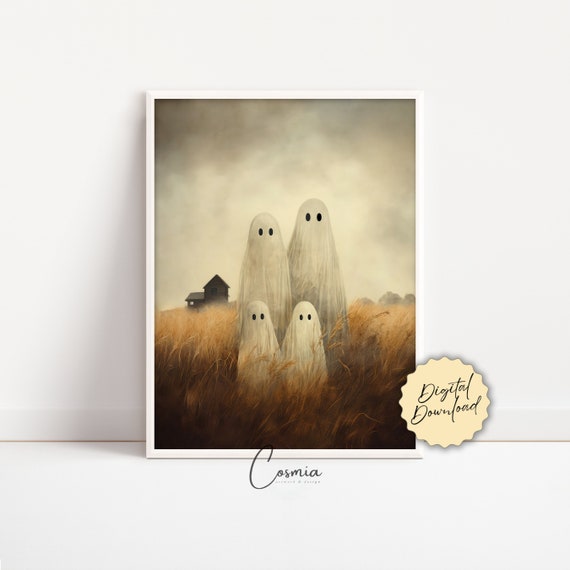 Ghosts Art Print, Halloween Art, Halloween Decor, Ghost Family in Field, Spooky Vintage Halloween, Printable Wall Art, Digital Download