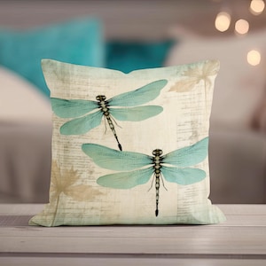Dragonflies Pillow - Throw Pillow, Vintage Style Accent Pillow for Couch, Chair or Bed, Cottage Decor, Decorative Pillow, Dragonfly Gift